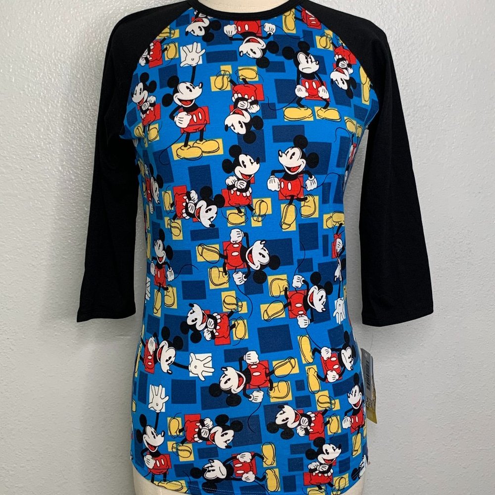 Lularoe‎ Womens Top Randy Disney Collection Mickey Print Gray Black Blue Size XS